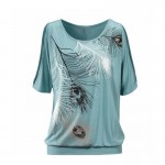 Z&KOZE T-Shirt Women Off Shoulder Feather Print Short Sleeve Summer Top Jumper T Shirt Feminina Women Tops Tee Shirts Femme