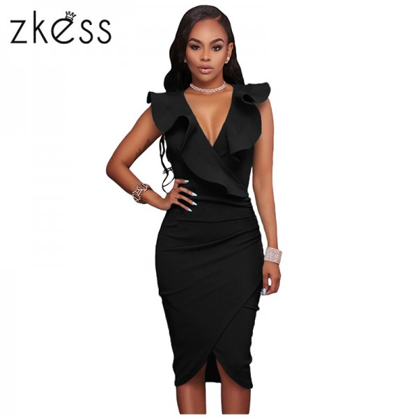 Zkess 2017 Ruffle V Neck Summer Dresses Casual Sexy Knee Length Bodycon Elegant Dress Sleeveless Women Vestidos hot sale LC61474