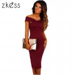 Zkess 2017 women Elastic Cotton Warm Off Shoulder Elegant Party Dresses Sexy Midi Pencil Club Bandage Bodycon Dress LC61464