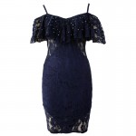 Zkess Navy Lace Dresses Sexy V Neck Off Shoulder LC61411 2017 Diamonds Knee-Length Dress Bodycon Vintage Dress vestido de festa