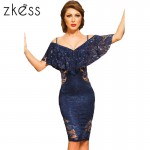 Zkess Navy Lace Dresses Sexy V Neck Off Shoulder LC61411 2017 Diamonds Knee-Length Dress Bodycon Vintage Dress vestido de festa