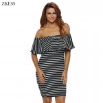 Zkess Stripe Dress Women Summer Bodycon Dresses Sexy Slash Neck Black White off the Shoulder Slim Sheath Casual Dress LC22792