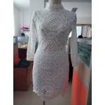 Zkess Vestido de Renda Lacing Long Sleeve Winter Short dress to Party Clubwear White Crochet Lace High Neck Mini Dress LC22179