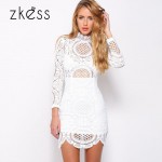 Zkess Vestido de Renda Lacing Long Sleeve Winter Short dress to Party Clubwear White Crochet Lace High Neck Mini Dress LC22179