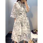 black white casual cotton dress 3/4 sleeve single breasted a-line graffiti print women dresses new 2017 spring summer