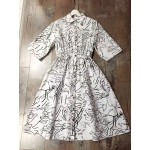 black white casual cotton dress 3/4 sleeve single breasted a-line graffiti print women dresses new 2017 spring summer