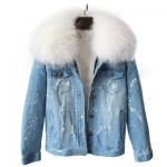 brand 2016 autumn winter jacket coat women Holes Denim jacket real large raccoon fur collar and real Fox fur thick warm Liner