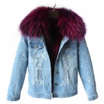 brand 2016 autumn winter jacket coat women Holes Denim jacket real large raccoon fur collar and real Fox fur thick warm Liner