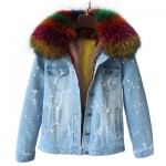 brand 2016 autumn winter jacket coat women Holes Denim jacket real large raccoon fur collar and real Fox fur thick warm Liner