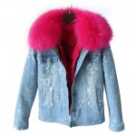 brand 2016 autumn winter jacket coat women Holes Denim jacket real large raccoon fur collar and real Fox fur thick warm Liner