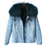 brand 2016 autumn winter jacket coat women Holes Denim jacket real large raccoon fur collar and real Fox fur thick warm Liner