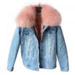 brand 2016 autumn winter jacket coat women Holes Denim jacket real large raccoon fur collar and real Fox fur thick warm Liner