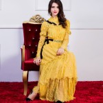 by Megyn Women Runway Dress 2017 Brand New Women Flare Sleeve Pleated Long Dress Yellow Color Lace Hollow Out Dress Women LD625