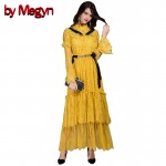 by Megyn Women Runway Dress 2017 Brand New Women Flare Sleeve Pleated Long Dress Yellow Color Lace Hollow Out Dress Women LD625