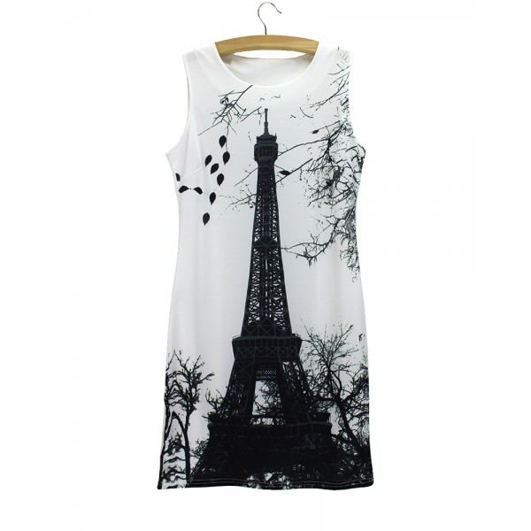 eiffel tower black dresses women flexible bust sleeveless bandage dress digital print spring fashion vestido de festa longo