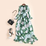 elegant Hydrangea floral patterns print women chiffon long bohemian dress bow sashes casual floor length dresses new 2017 spring