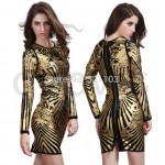 elegant o neck long sleeve knee-up bandage dress,winter bodycon gold foil women dress