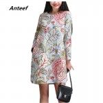 fashion spring autumn cotton linen vintage print plus size women casual loose dress party vestidos femininas dresses 2017