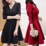 free shipping alibaba express 2016 new spring Autumn Korean plus size slim V-neck OL bottom puff long sleeve office dress black