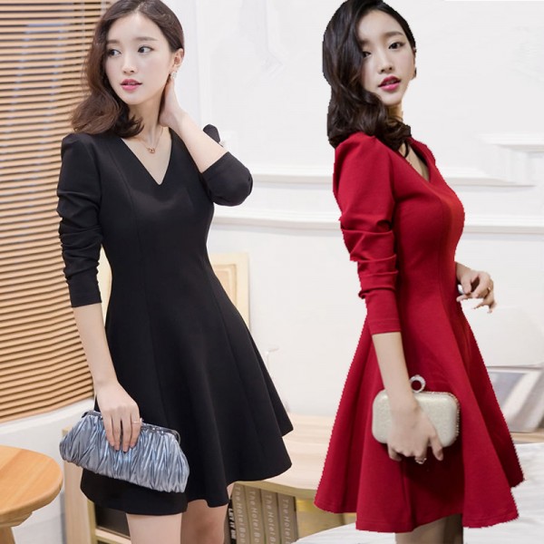 free shipping alibaba express 2016 new spring Autumn Korean plus size slim V-neck OL bottom puff long sleeve office dress black