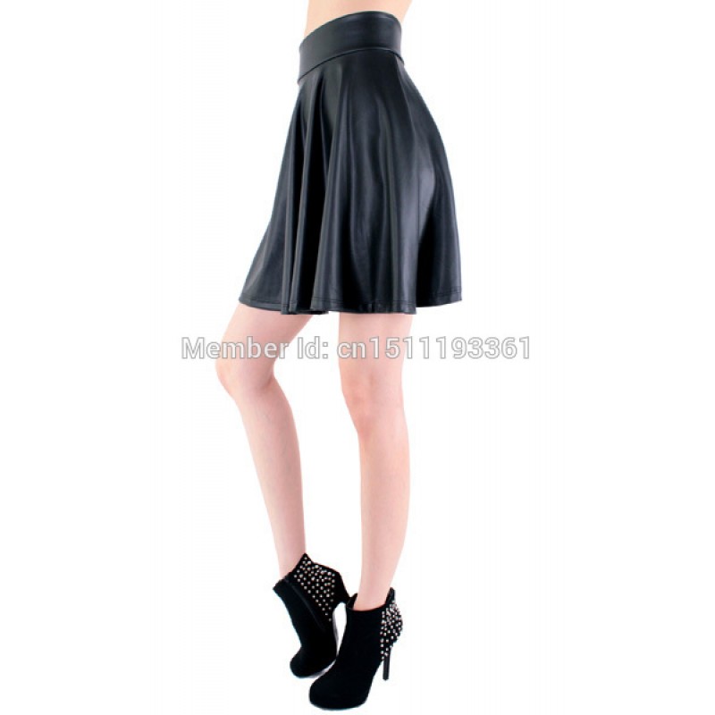 Free Shipping New High Waist Faux Leather Skater Flare Skirt Mini Skirt Above Knee Solid Color