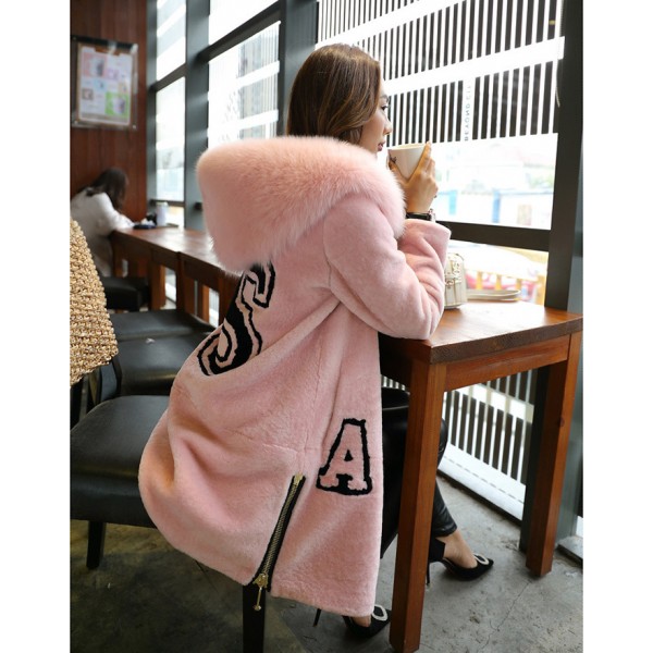 high quality 2016 women real fur coat winter Hooded letter S pattern long real Wool Double-faced Fur Coat With Fox Fur Collar