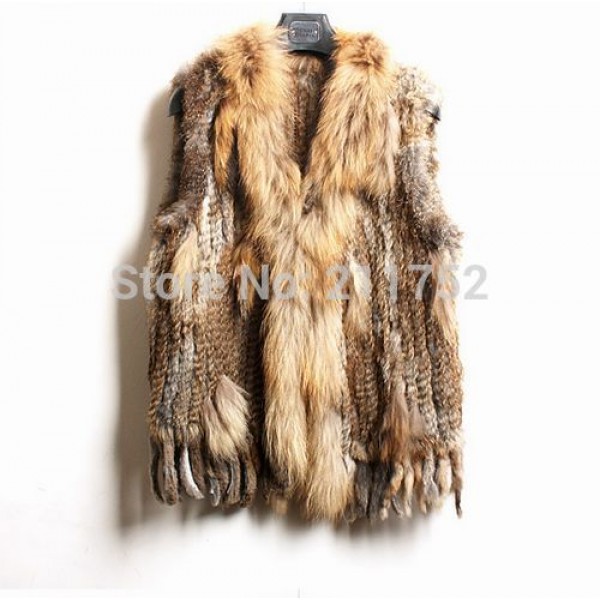 high quality Hot Sale Retail/wholesale Raccoon Dog Fur Collar Trim  Women Knitted Natural Rabbit Fur Vest Gilet/waistcoat