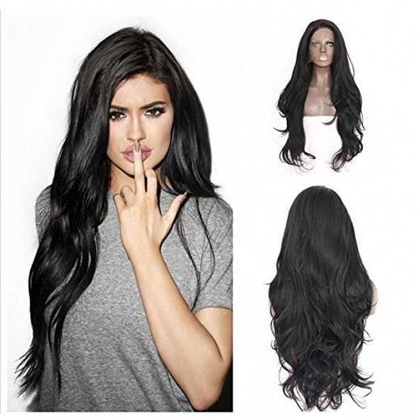 high quality black natural straight wig with free parting glueless cheap synthetic lace front wigs heat resistant fiber in stock