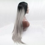 high quality grey ombre silky straight wigs with dark roots synthetic lace front wig heat resistant fiber in stock free shipping