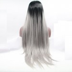 high quality grey ombre silky straight wigs with dark roots synthetic lace front wig heat resistant fiber in stock free shipping