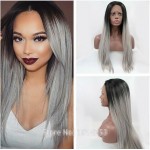 high quality grey ombre silky straight wigs with dark roots synthetic lace front wig heat resistant fiber in stock free shipping