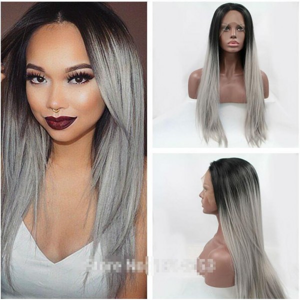 high quality grey ombre silky straight wigs with dark roots synthetic lace front wig heat resistant fiber in stock free shipping