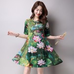 hot sale 2016 new fashion plus size women dress slim  short sleeved Lotus print female printing dress 931B 25