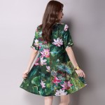 hot sale 2016 new fashion plus size women dress slim  short sleeved Lotus print female printing dress 931B 25