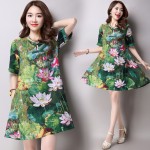 hot sale 2016 new fashion plus size women dress slim  short sleeved Lotus print female printing dress 931B 25