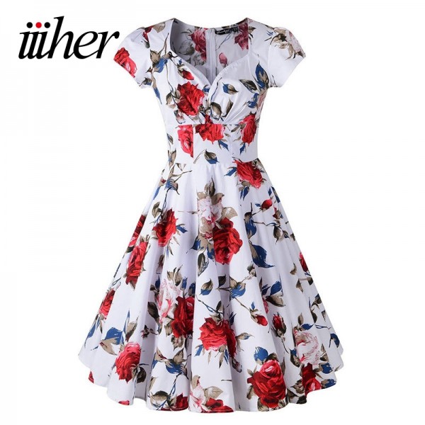 iiiher Audrey Hepburn Floral Summer Dress Women Floral Print Rockabilly Vintage 50s Party Sexy Dresses Vestidos Largos De Verano