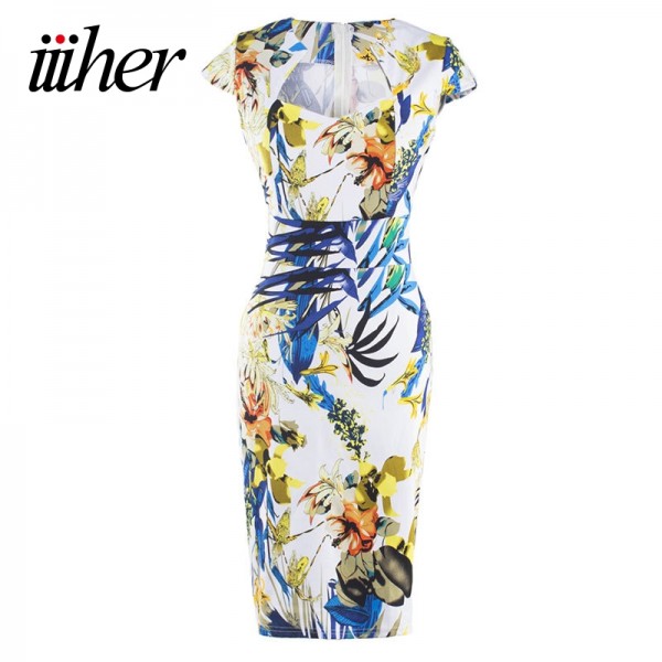 iiiher Women Summer Pencil Dresses 2016 Retro Vintage 50s Rockabilly Dress Sleeveless Work Sexy Floral Office Bodycon Vestidos 