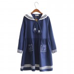 ladies fresh navy stylish long sleeve double pockets cat embroidery dress girls sweet preppy dresses vestidos