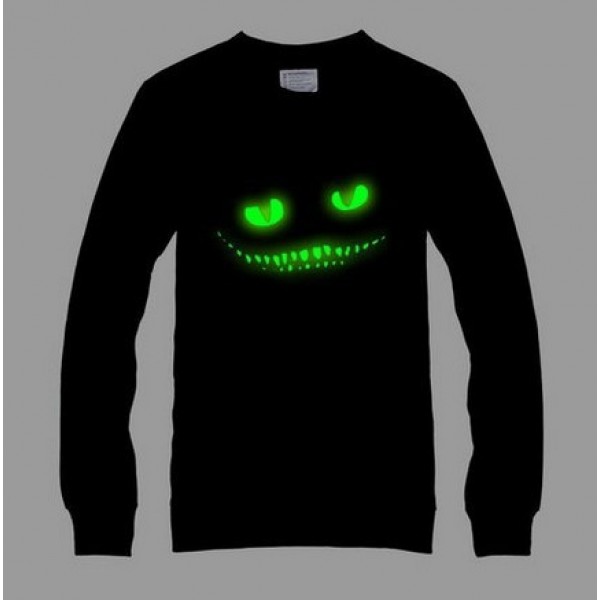 luminous o-neck sweatshirt 2017 High quality black Noctilucent print dark devil Cheshire Cat long sleeve men's novelty item