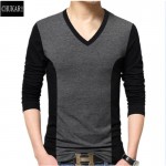 men's cotton t-shirts new arrival large size long sleeve patchwork slim T-shirt homme men clothing casual V-neck Tops & Tees