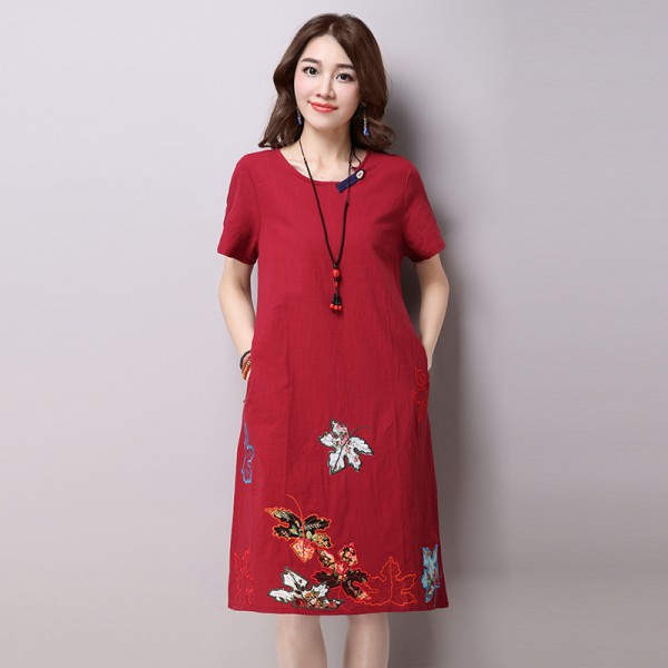 new 2016 new fashion wind embroidered  bigger sizes to restore ancient ways show thin cotton dress with short sleeves 990F 25