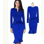 new 2017 Summer fashion style women pack hip dress blue Zipper O-neck long sleeves Ruffles Sexy Casual plus size pencil Dresses