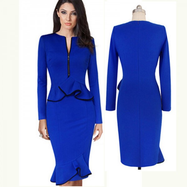 new 2017 Summer fashion style women pack hip dress blue Zipper O-neck long sleeves Ruffles Sexy Casual plus size pencil Dresses