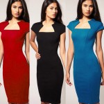 new Solid Vintage dresses women Elegant Square Neck Knee-length Rockabilly Bodycon Business Formal Pencil Dress bty527