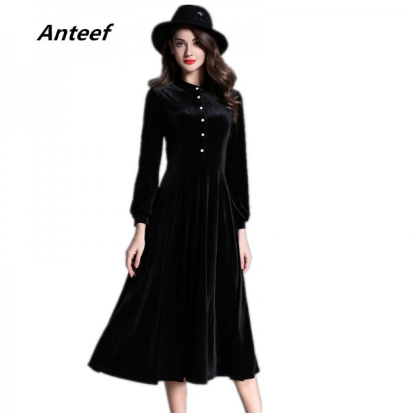 new fashion black velvet  women casual long autumn winter dress party vestidos femininos 2018 dresses