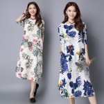 new fashion cotton linen vintage print  women casual loose long autumn dress vestidos femininos party 2017 dresses