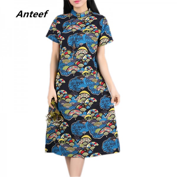 new fashion cotton linen vintage print plus size women casual loose summer dress vestidos femininos party 2017 dresses