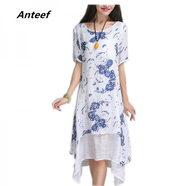 new fashion summer style cotton linen vintage print plus size women casual loose dress vestidos femininos party 2017 dresses