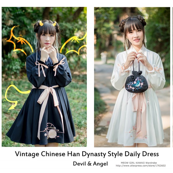 "Devil & Angel" Chinese Han Vintage Style Dress Golden Fish Flower Embroidery Lolita Cute Dress Black & White