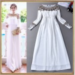 runway High quality  New 2017 women's long sleeve beaded luxury sweet white elegant  dress maxi long dress